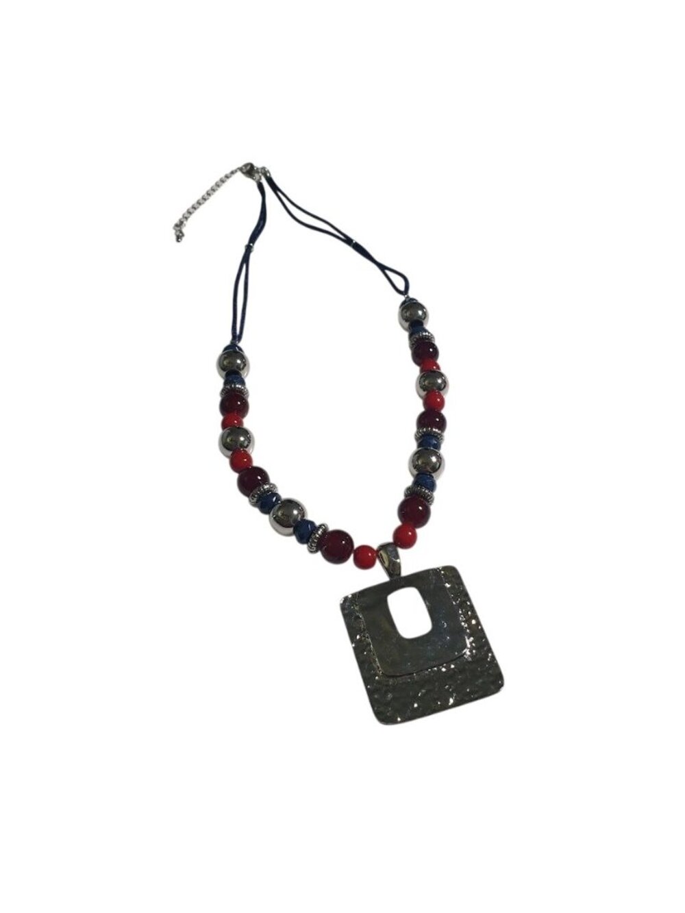 Chunky Red Blue Silver Tone Beaded Necklace Square Textured Pendant Mom Gift Mod